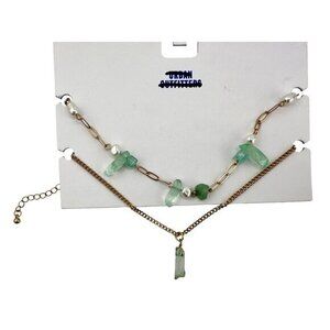 Gold Chain Necklace Set With Green Gemstone & Pearl Accents - Urban Outfitters